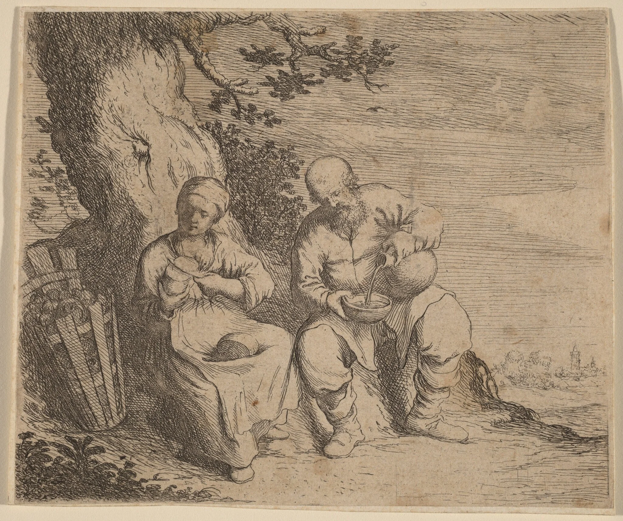 Peasant Couple Sitting under a Tree, by Willem Basse, ink, 1630