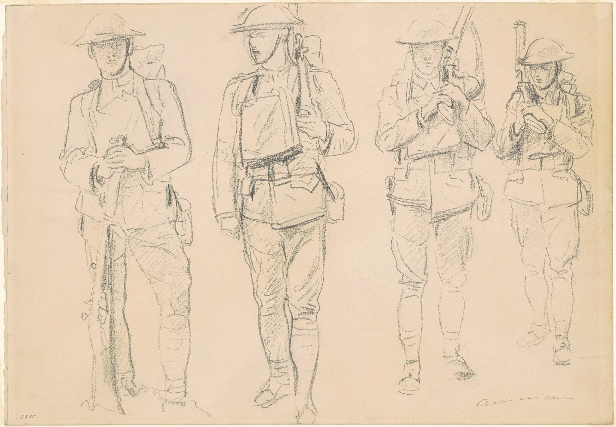 Studies for "Entering the War" [recto], by John Singer Sargent, graphite, 1918