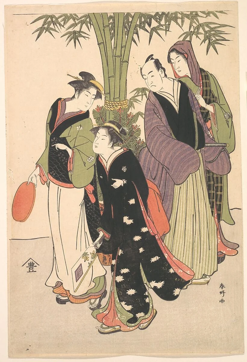勝川春好画　三代目瀬川菊之丞・二代目市川門之助|Kabuki Actors Segawa Kikunojō III and Ichikawa Monnosuke II and Two Courtesans Celebrating the New Year, by Katsukawa Shunkō, ink, 1794