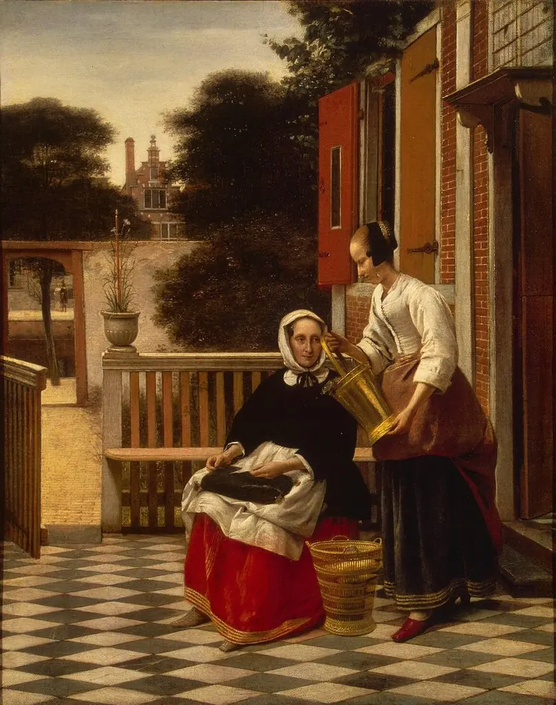 Woman and a maid with a pail of fish in a courtyard