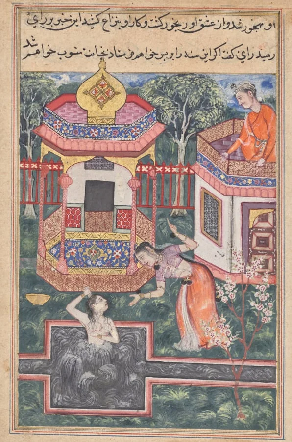 The son of the king of Babylon sees the Brahman transformed into a woman bathing and falls in love with her, from a Tuti-nama (Tales of a Parrot): Thirty-fifth Night, by Unknown, unspecified, 1560