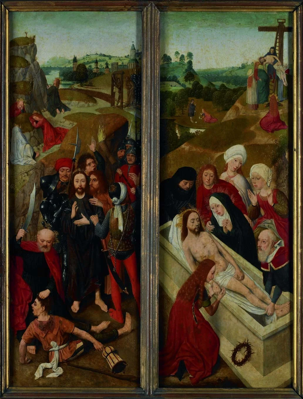 he taking of Christ and The entombment, by Master of the Brunswick Diptych, oil, 1494