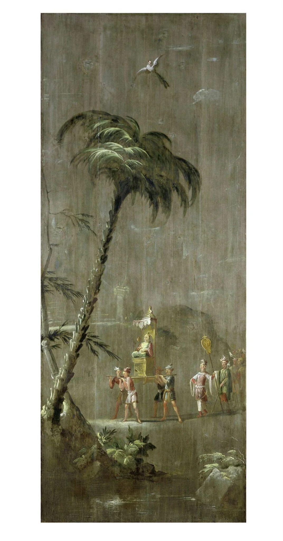 A Chinese Dignitary Seated on a Throne (one of eleven panels with Chinoiserie decoration), by Robert Robinson, oil, 1696