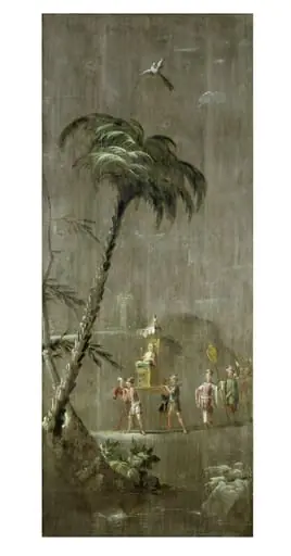 A Chinese Dignitary Seated on a Throne (one of eleven panels with Chinoiserie decoration)