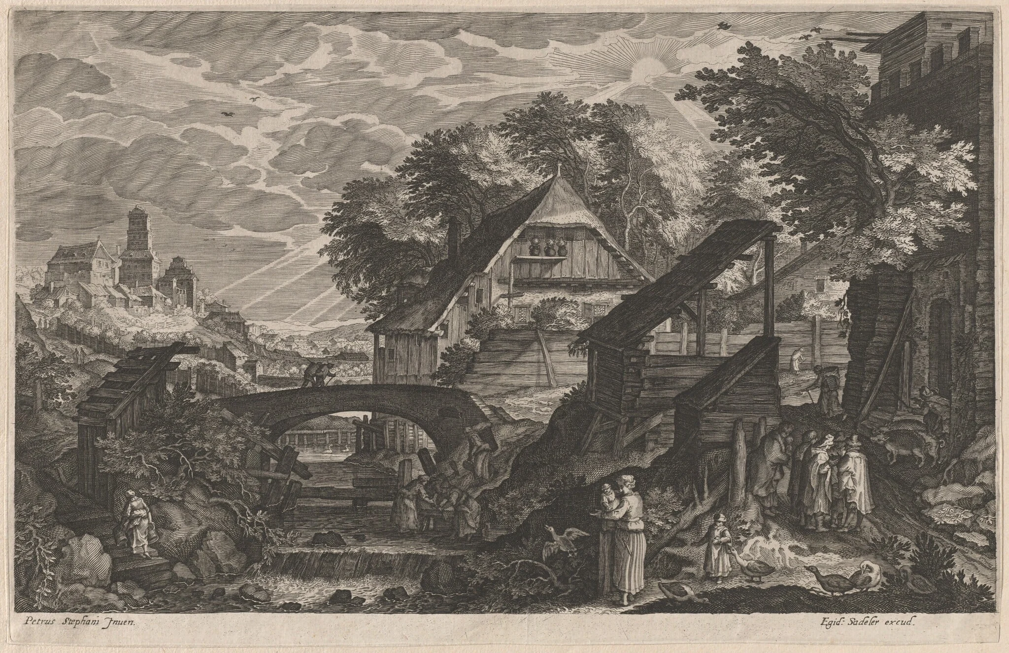 Farm Houses by a River with a City Beyond, by Aegidius Sadeler II, ink, 1612