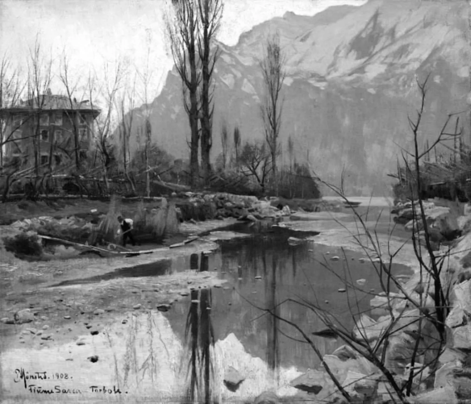 Aftenlandskab ved floden Sarca, by Unknown, 1908