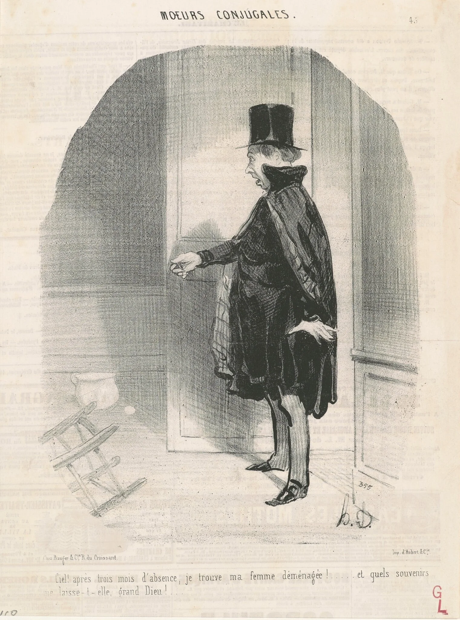 Ciel!...je trouve ma femme déménagée!, by Honoré Daumier, ink, 1842