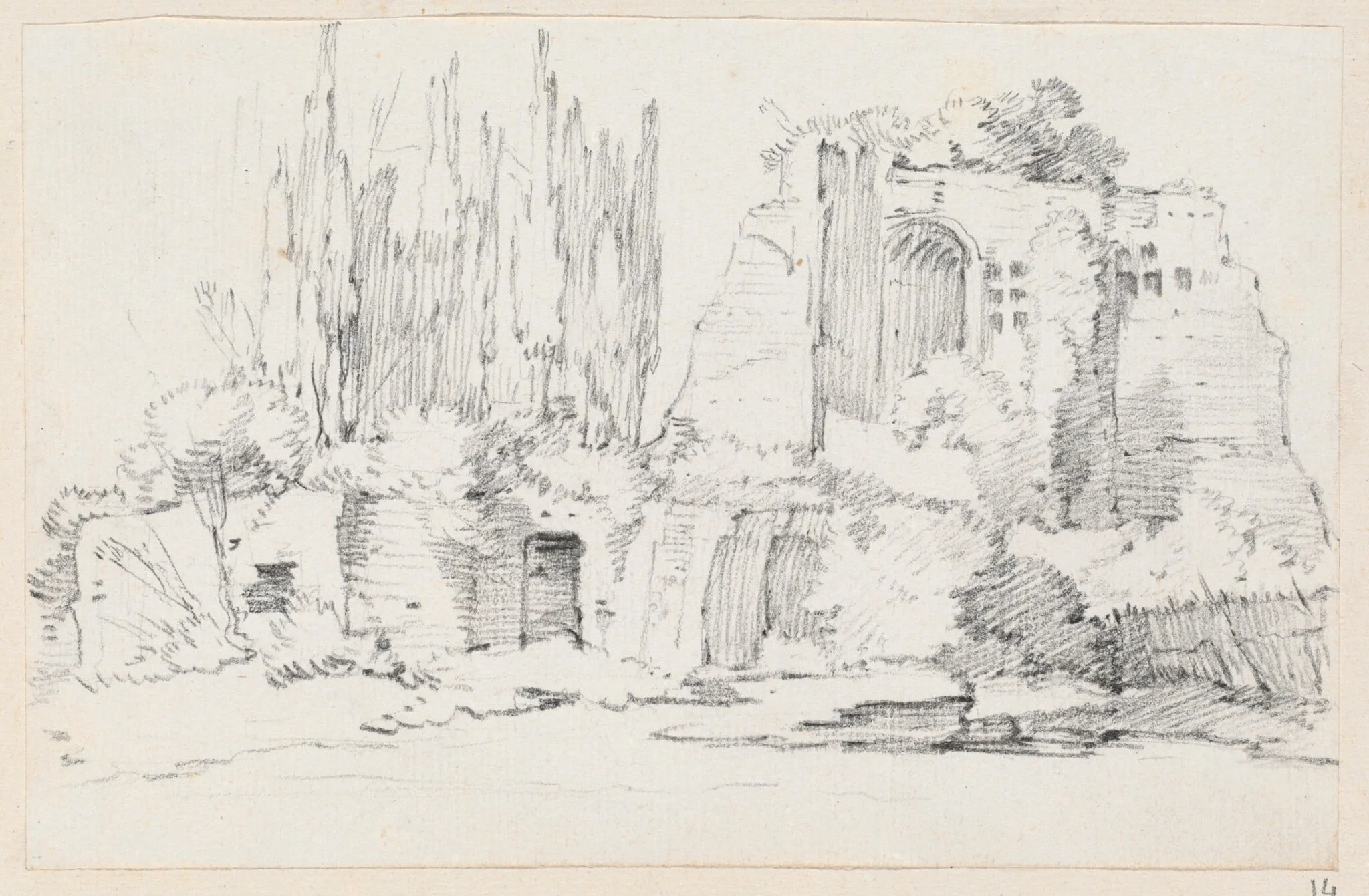 Roman Ruins with a Stand of Cypresses, by Joseph-Marie Vien, graphite, 1747