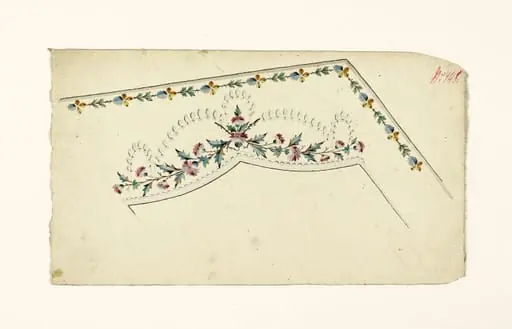 Composition avec branches fleuries et guirlandes de glands argentés, frises de fleurs stylisées et de perles grises, projets de broderies de gilet, XVIIIème siècle