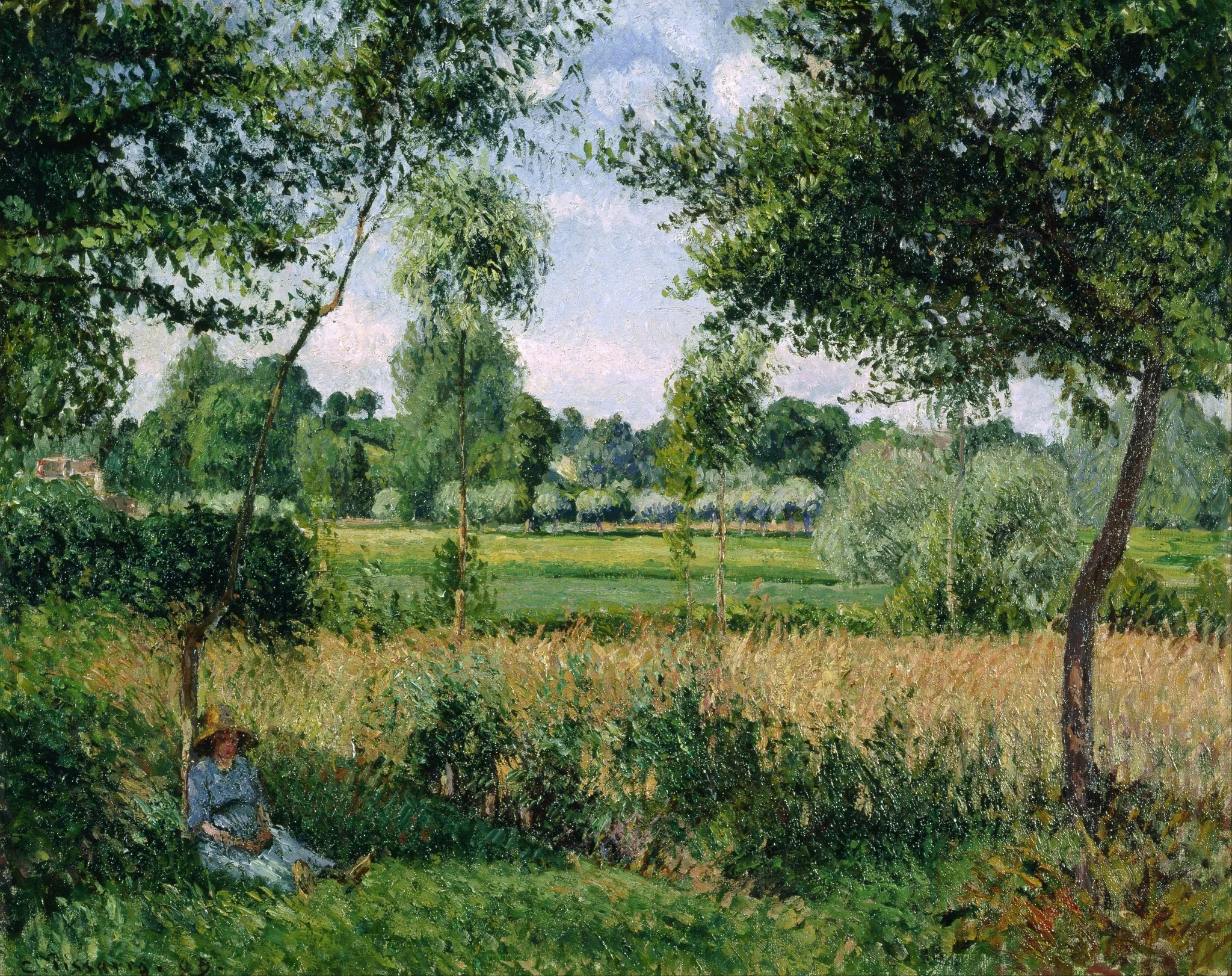 Peasant Woman Resting at the Foot of a Tree, Effect of Sunshine, Éragny, by Camille Pissarro, oil, 1900