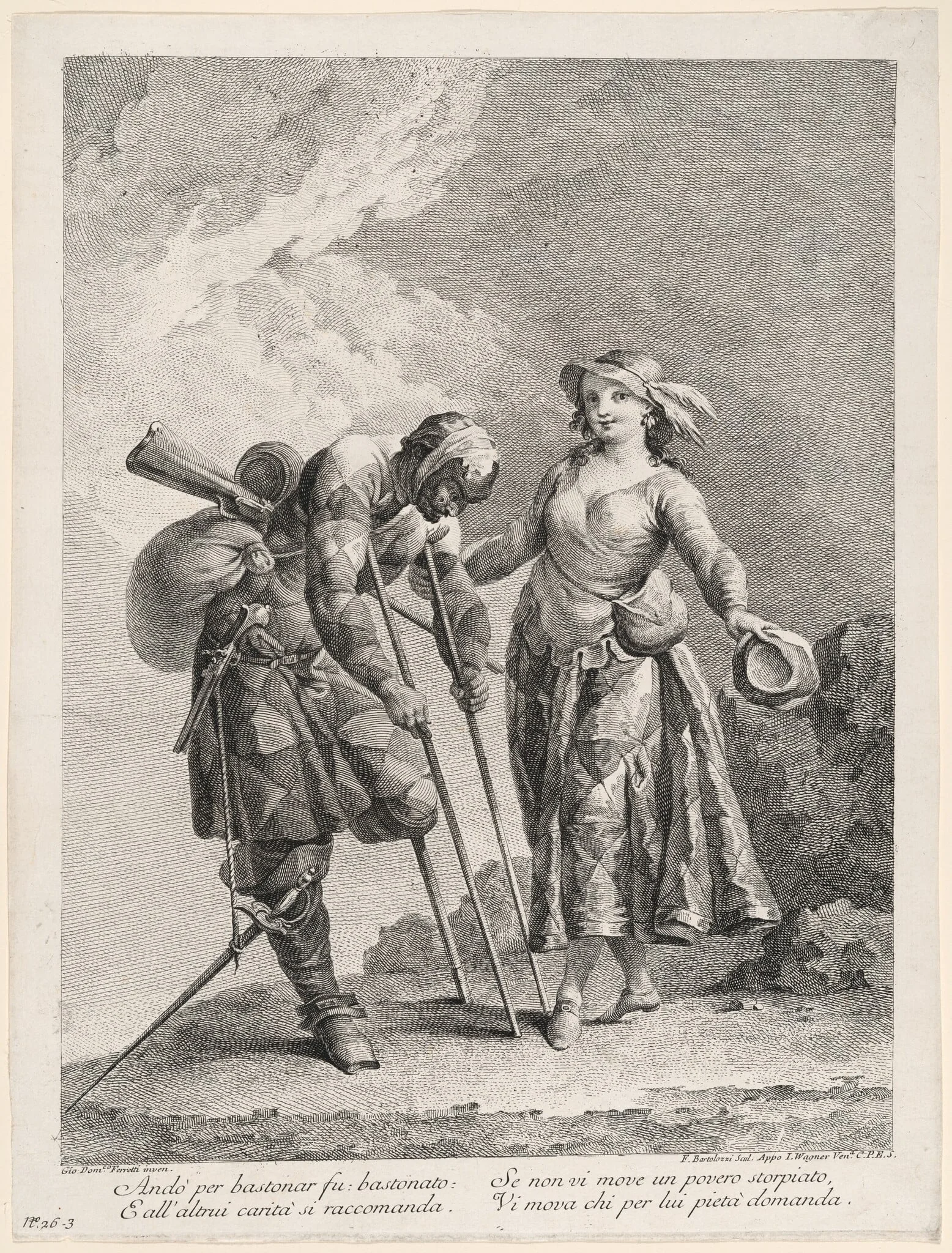 Harlequin as Crippled Soldier, by Francesco Bartolozzi, ink, 1760