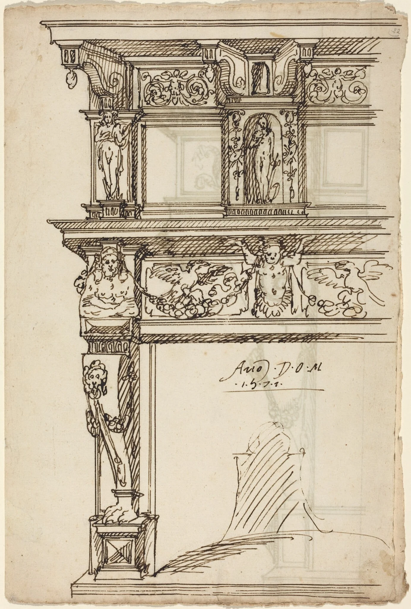 Palatial Mantelpiece with Mercury and Hope [recto], by Austrian 16th Century, ink, 1571