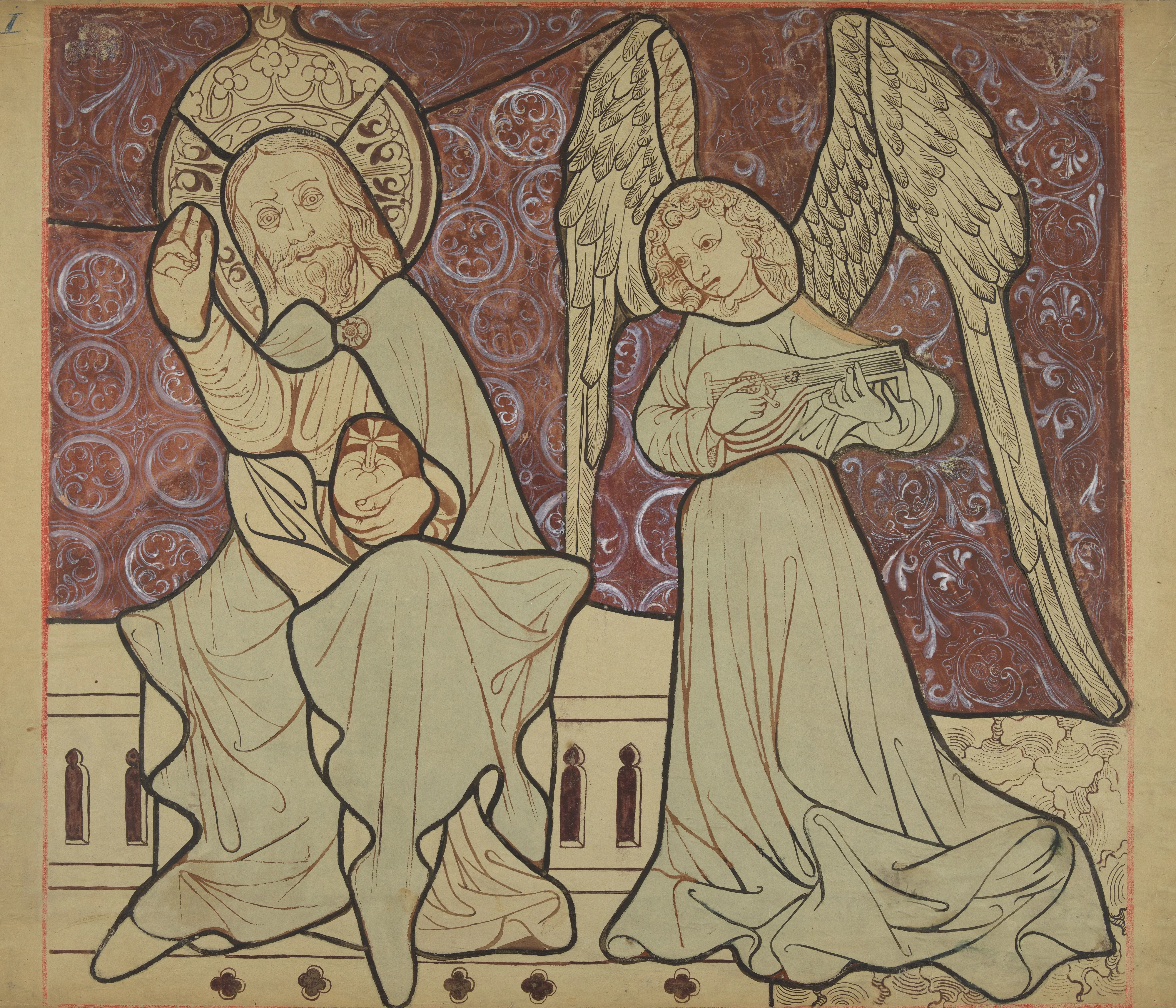 Enthroned Christ with an angel from the scene "Coronation of the Blessed Virgin Mary" (right part). Artistic reconstruction of a stained-glass panel from the Dominican church in Kraków
