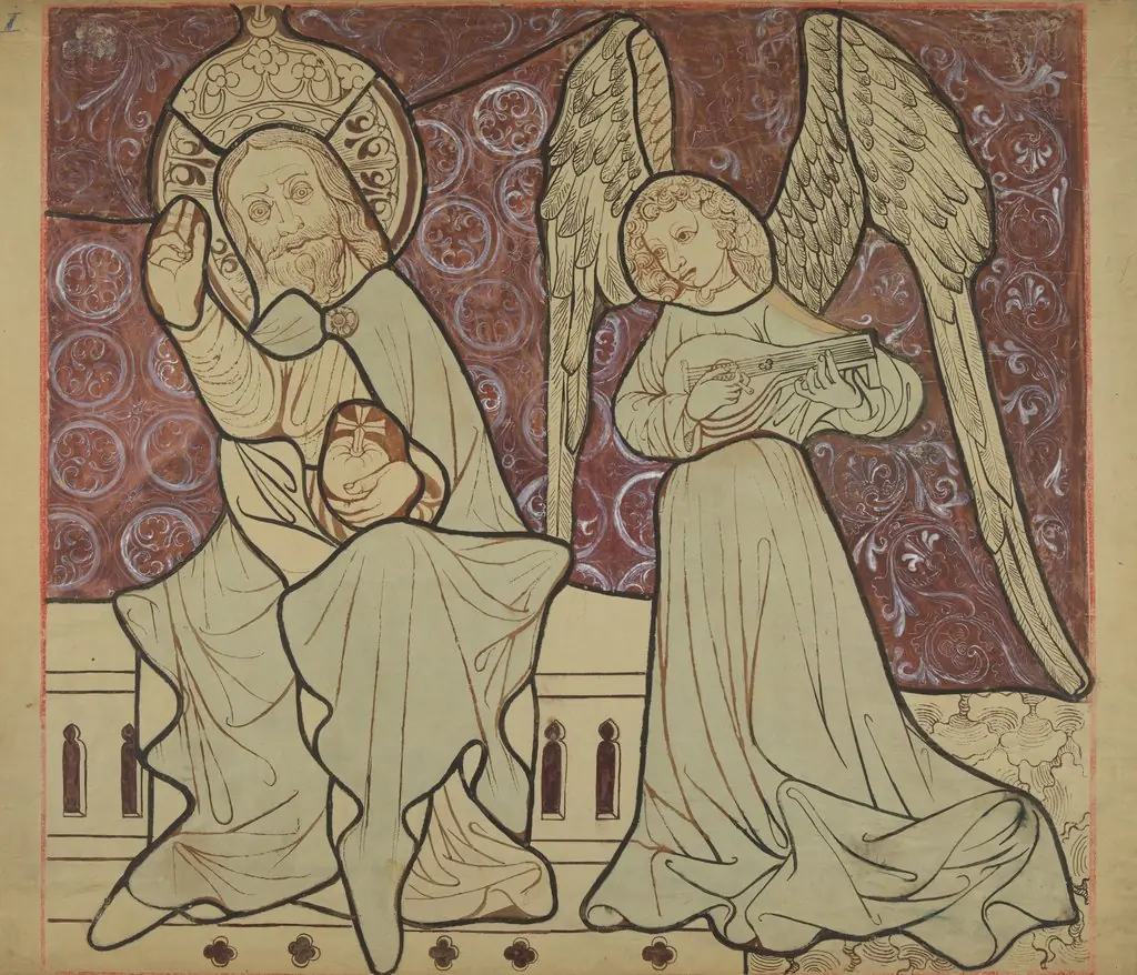 Enthroned Christ with an angel from the scene "Coronation of the Blessed Virgin Mary" (right part). Artistic reconstruction of a stained-glass panel from the Dominican church in Kraków