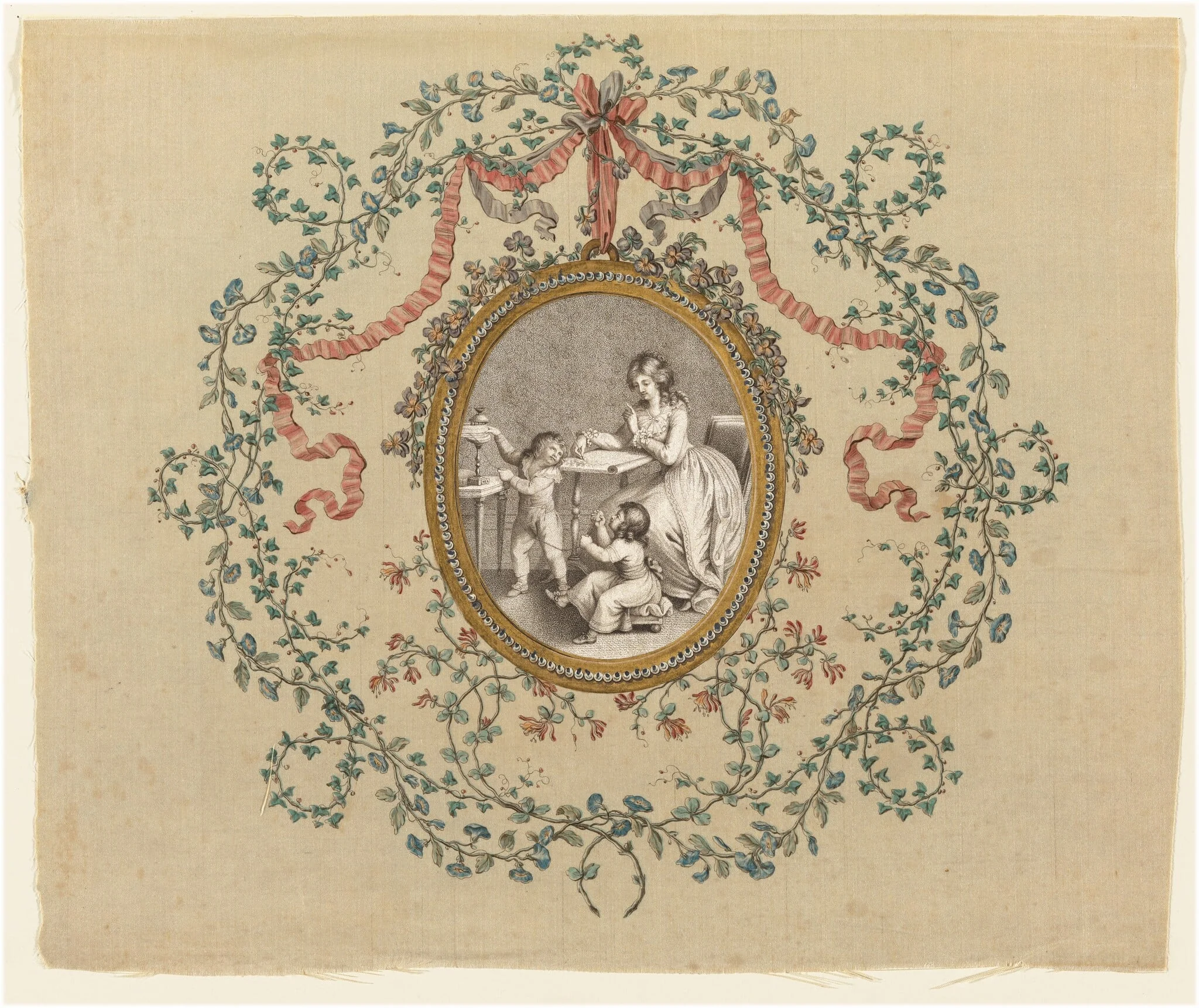 Seated Woman Sketching a Design for Embroidery and Children Winding Yarn, by Various Artists, ink, 1784