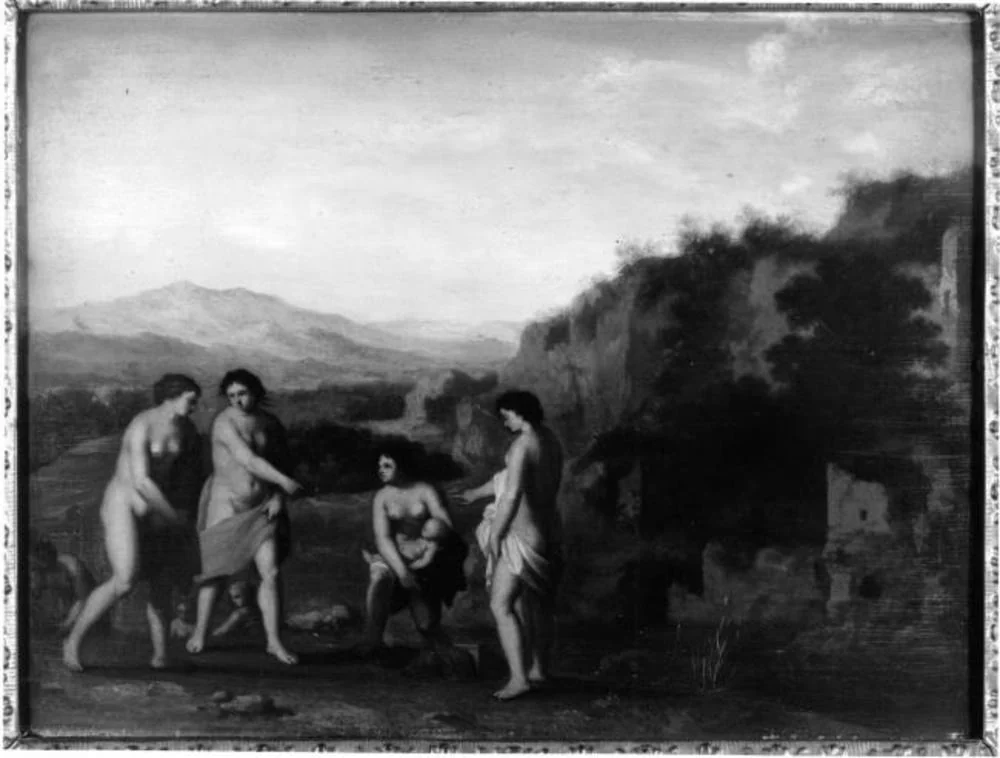 Landscape, with the finding of Moses, by Cornelius van Poelenburgh, oil, 1646