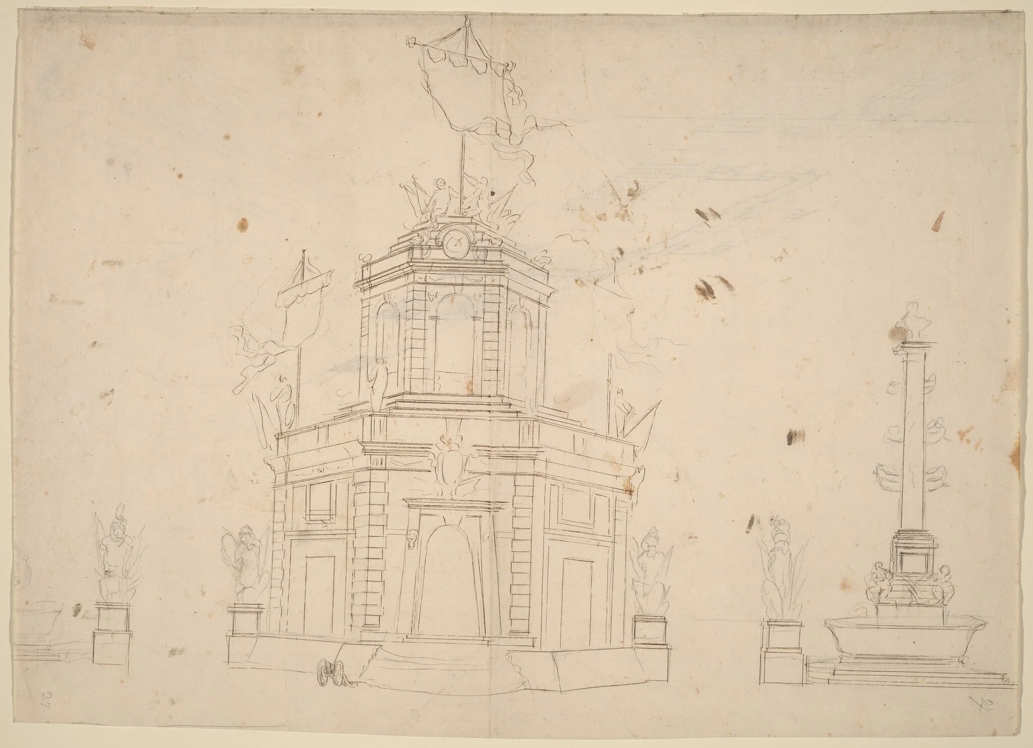 Study for "The Seconda Macchina for the Chinea of 1753: The Quarters of the Royal Militia", by Paolo Posi, ink, 1753