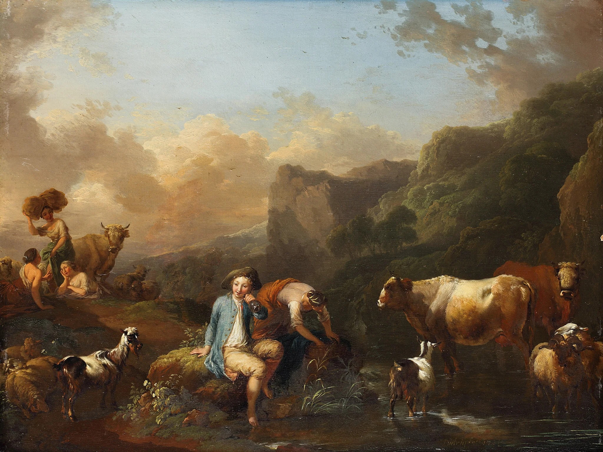 Italian Landscape with Shepherds, by Christian Wilhelm Ernst Dietrich, paint, 1744