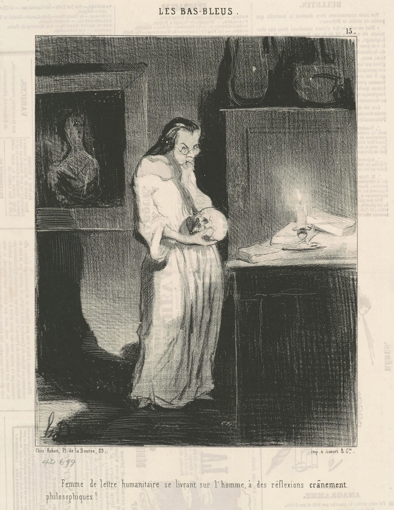 Femme de lettre humanitaire se livrant sur l'homme ..., by Honoré Daumier, ink, 1844