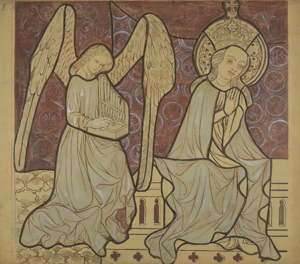 Enthroned Mary with an angel from the scene "Coronation of the Blessed Virgin Mary" (left part). Artistic reconstruction of a stained-glass panel from the Dominican church in Kraków