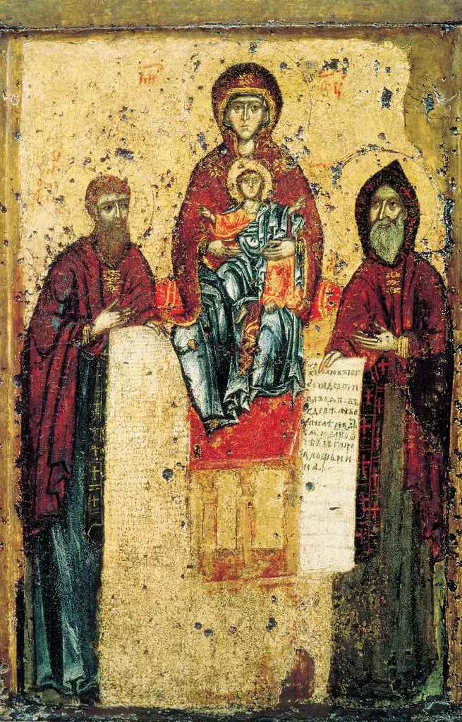 Icon of Saints Anthony and Theodosius with the Theotokos Panachranta