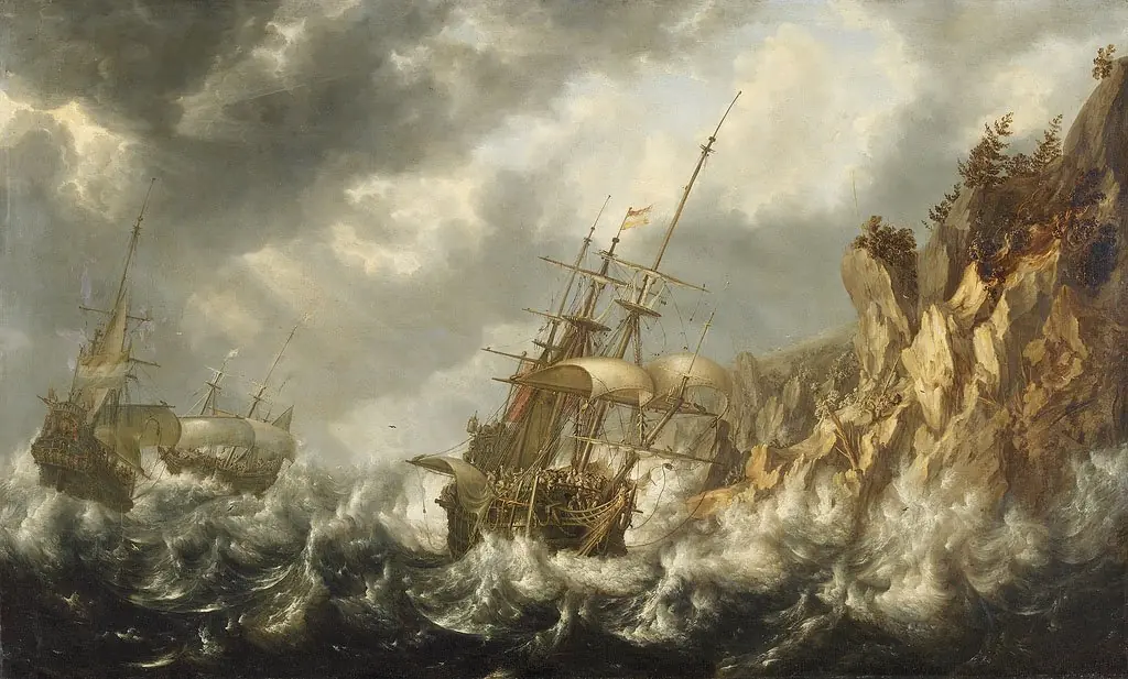 Ships in stormy sea near a rocky coast