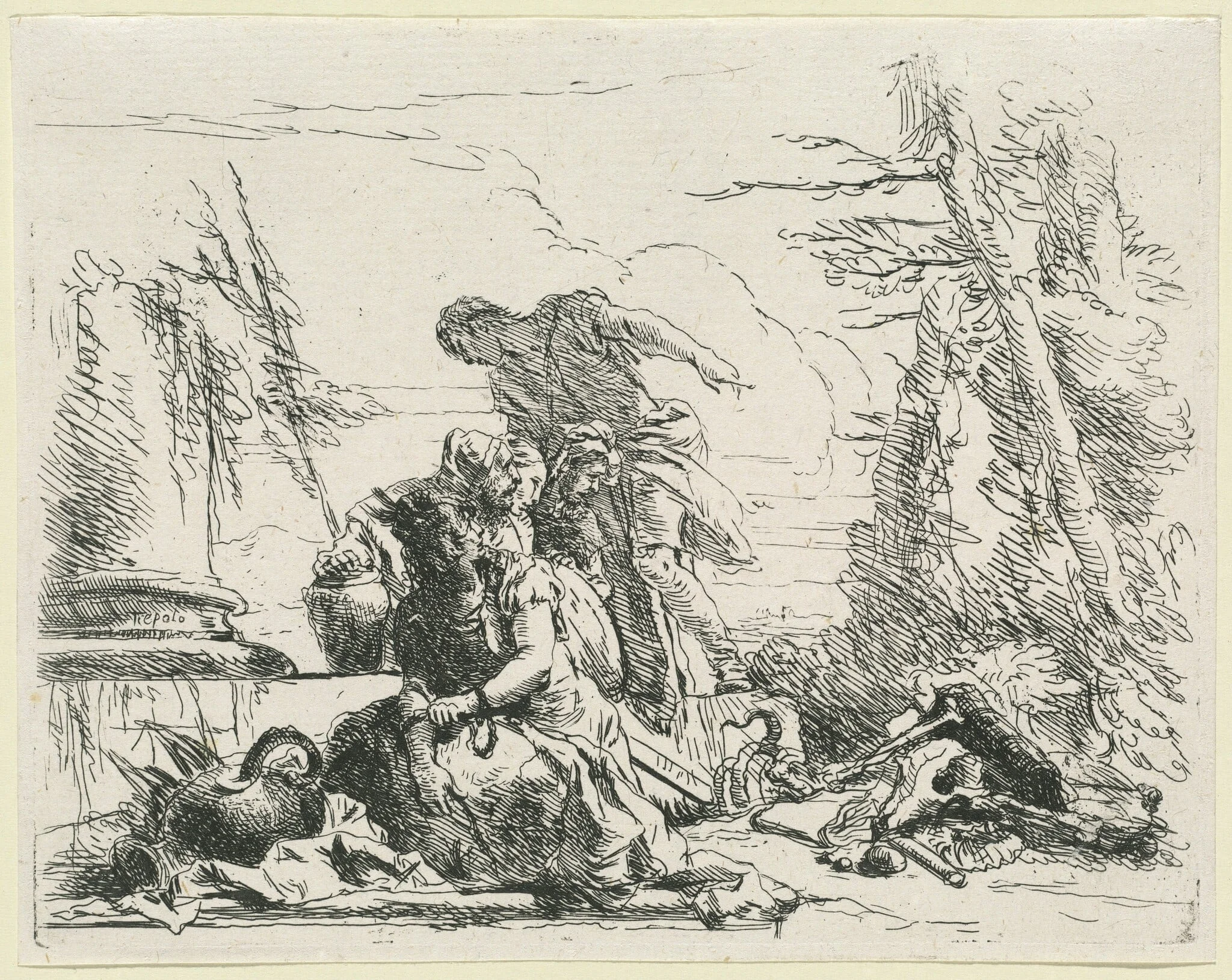 Women and Men Regarding a Burning Pyre of Bones, by Giovanni Battista Tiepolo, ink, 1785