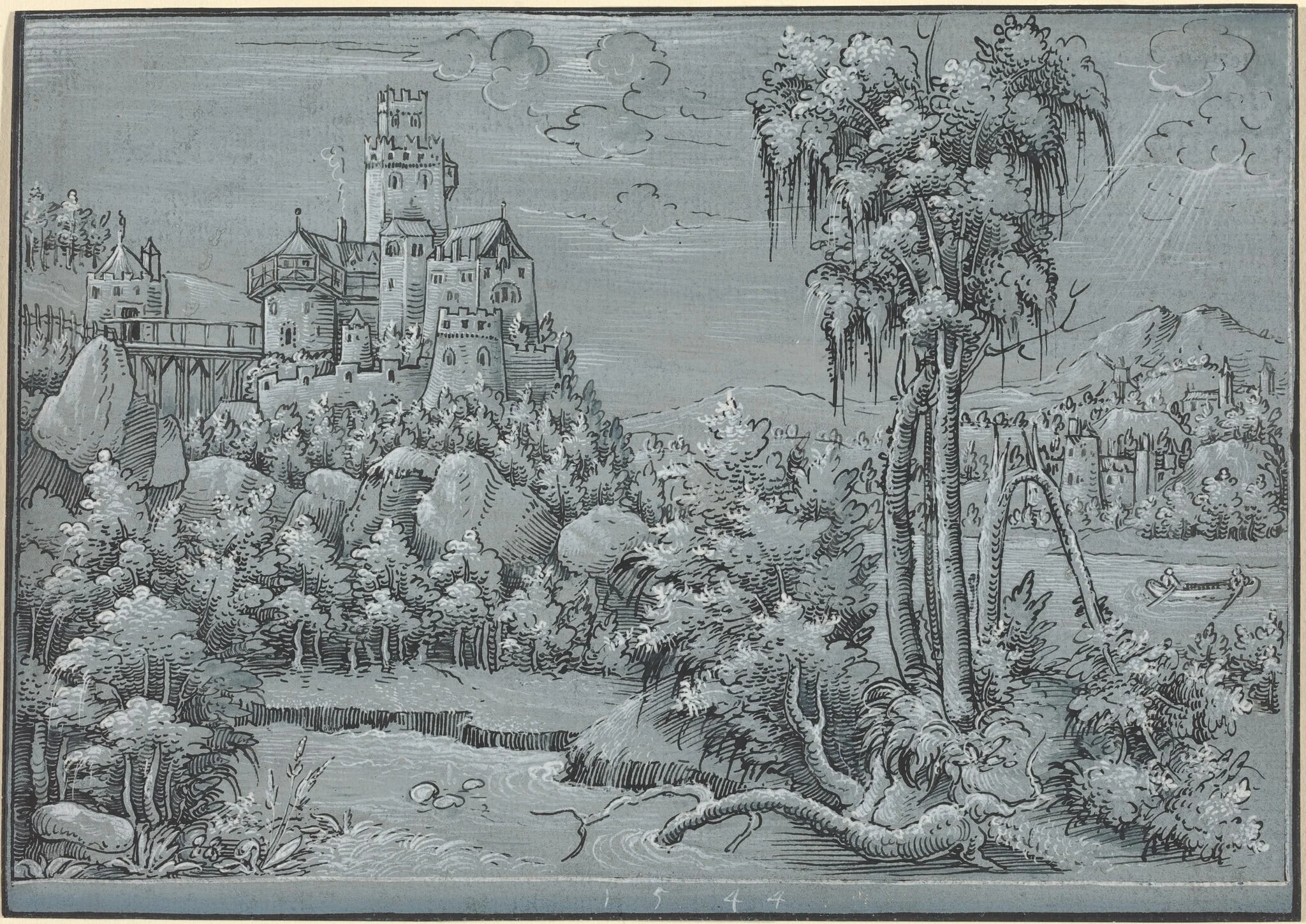 Landscape with a Castle, by German 16th Century, ink, 1544
