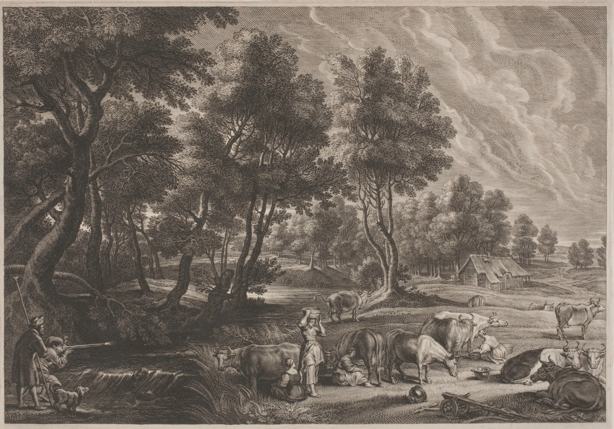 Farm Landscape with Hunters and Milkmaids, by Schelte Adams Bolswert, ink, 1622