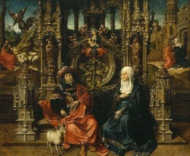Anna en Joachim. In de achtergrond: de verkondiging aan Joachim en de ontmoeting van Anna en Joachim bij de Gouden Poort, by Cornelis van Coninxloo, oil, 1526