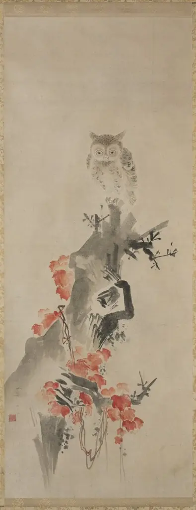 Owl and Red Leaves