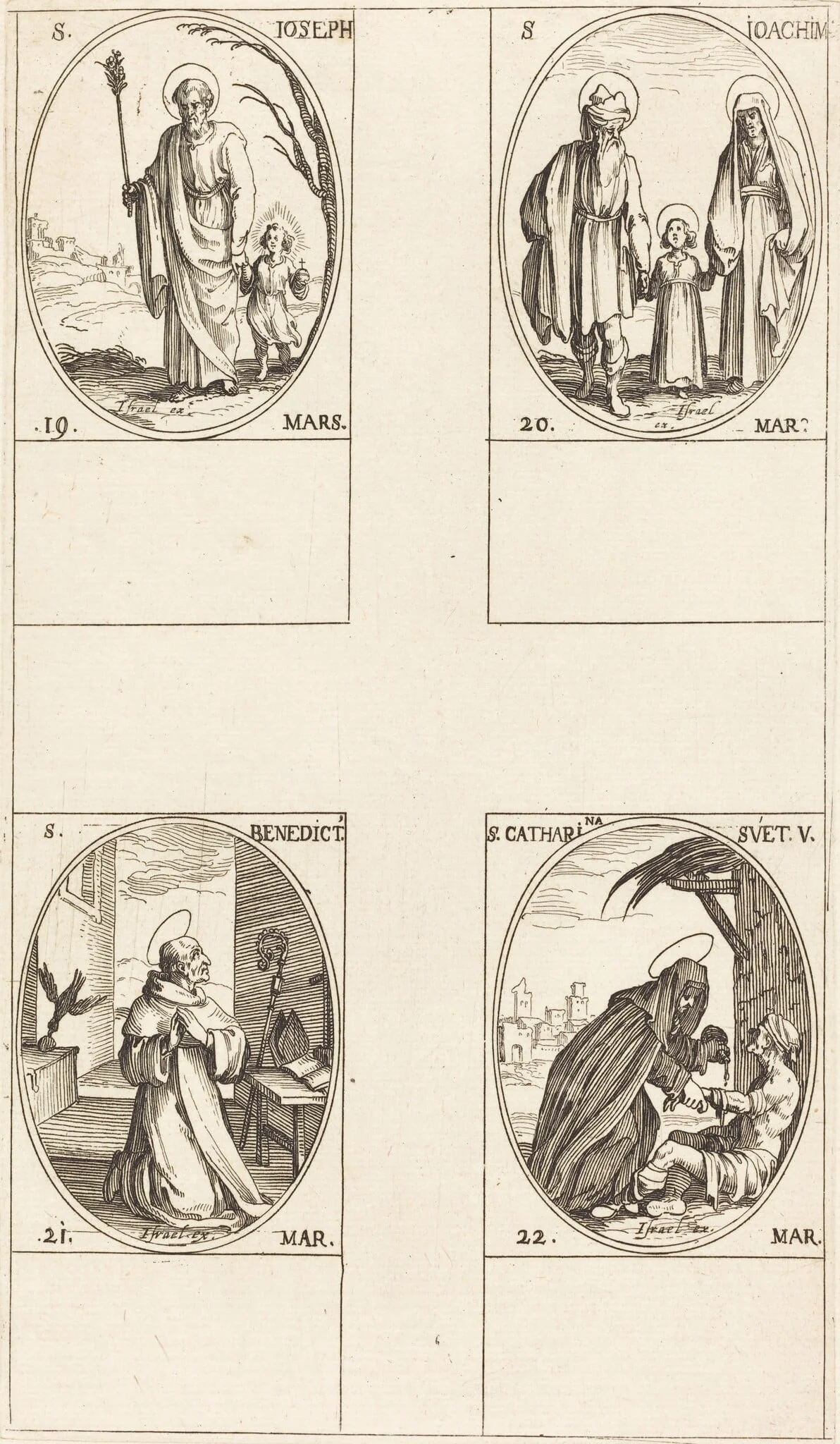 St. Joseph; St. Joachim;  St. Benedict, Abbot; St. Catharine of Sweden, by Jacques Callot, ink, 1634