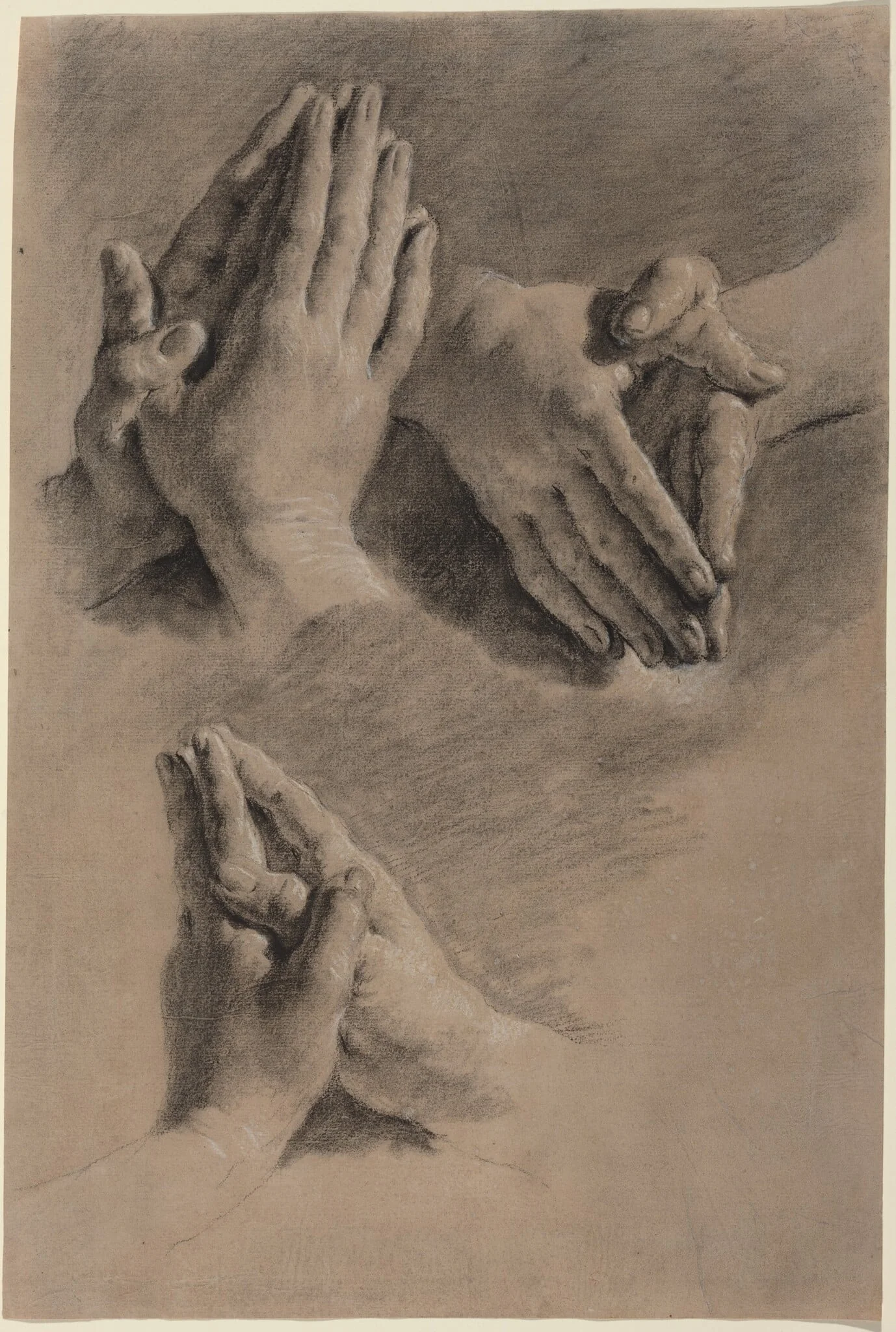 Three Studies of Hands Clasped in Prayer, by Jacopo Guarana, chalk, 1764