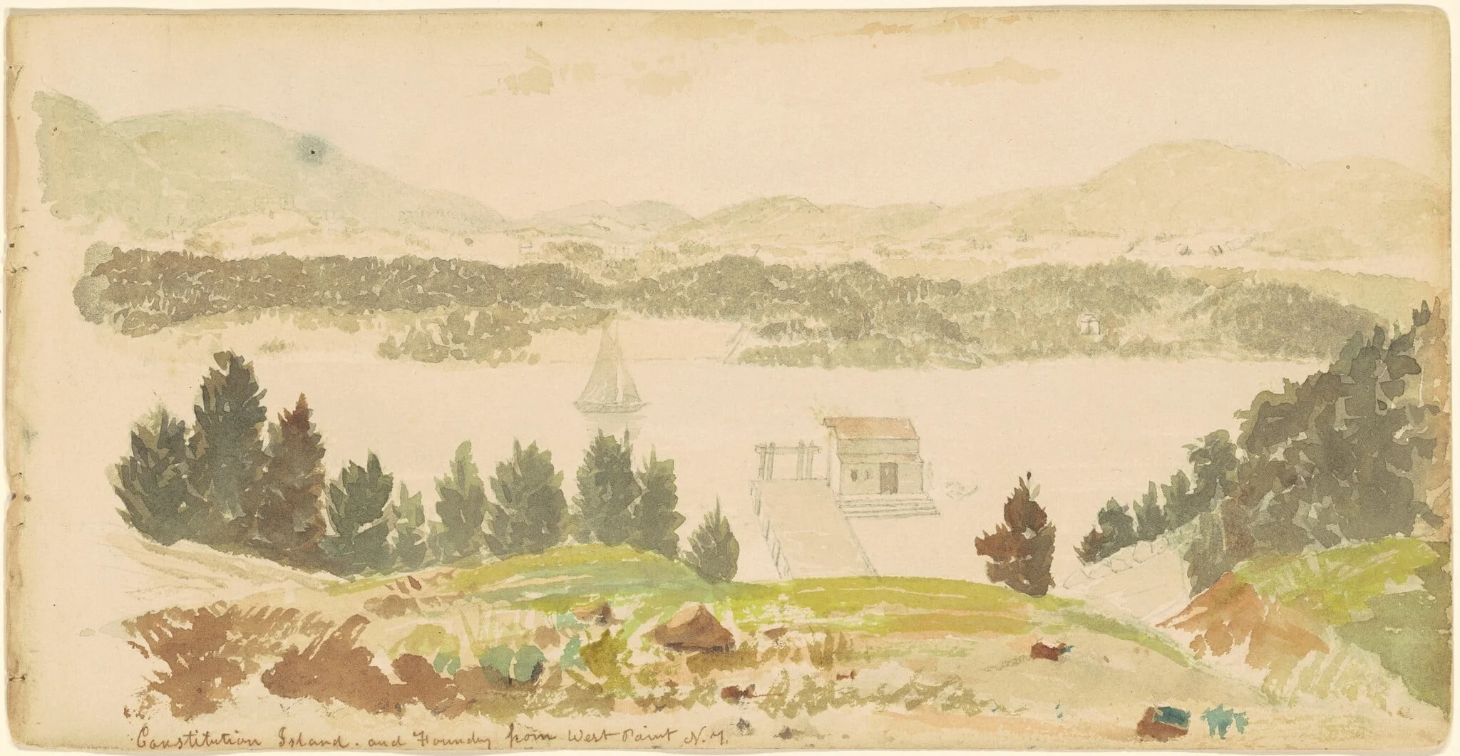 Constitution Island and Foundry from West Point, New York, by Seth Eastman, graphite, 1837
