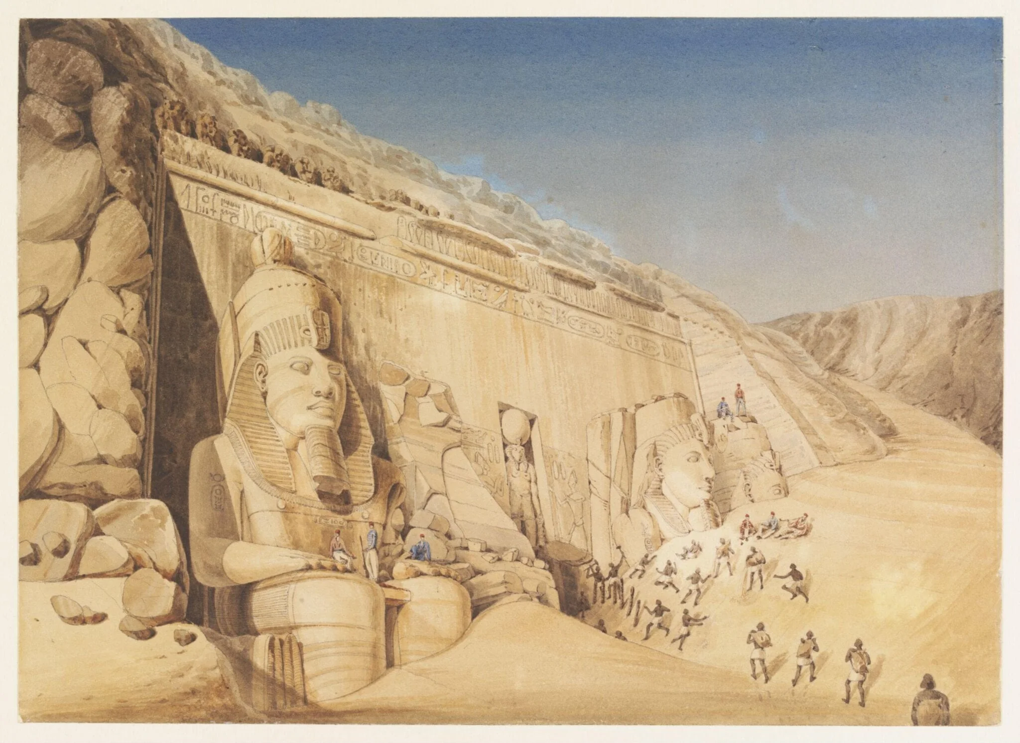 Excavation of the Great Temple of Ramesses II at Abu Simbel, by Louis Maurice Adolphe Linant de Bellefonds, watercolor, 1818