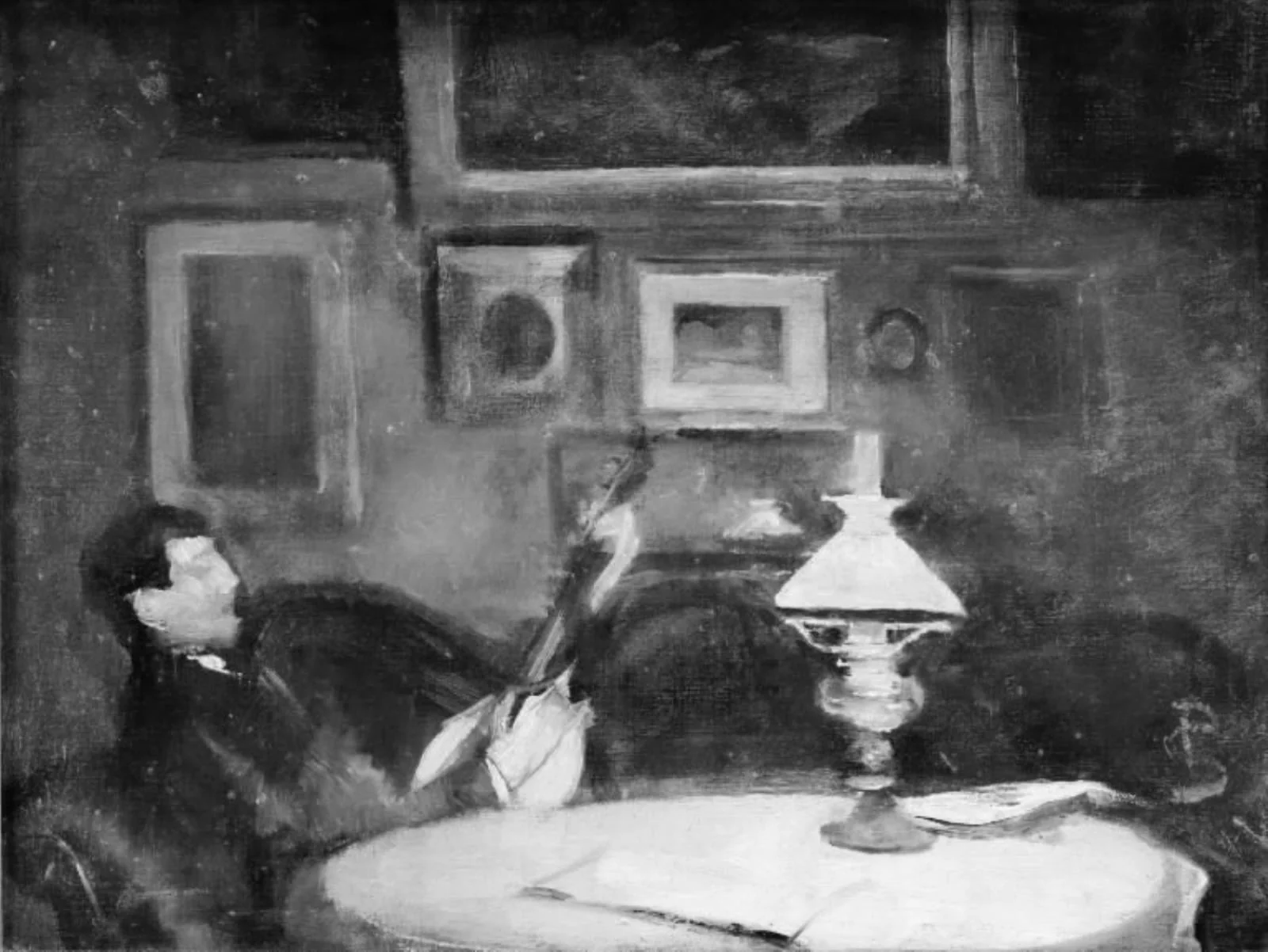 Interiør fra en stue, hvor en ung mand ligger henslængt i en sofa og spiller lut, aften, by Unknown, 1850