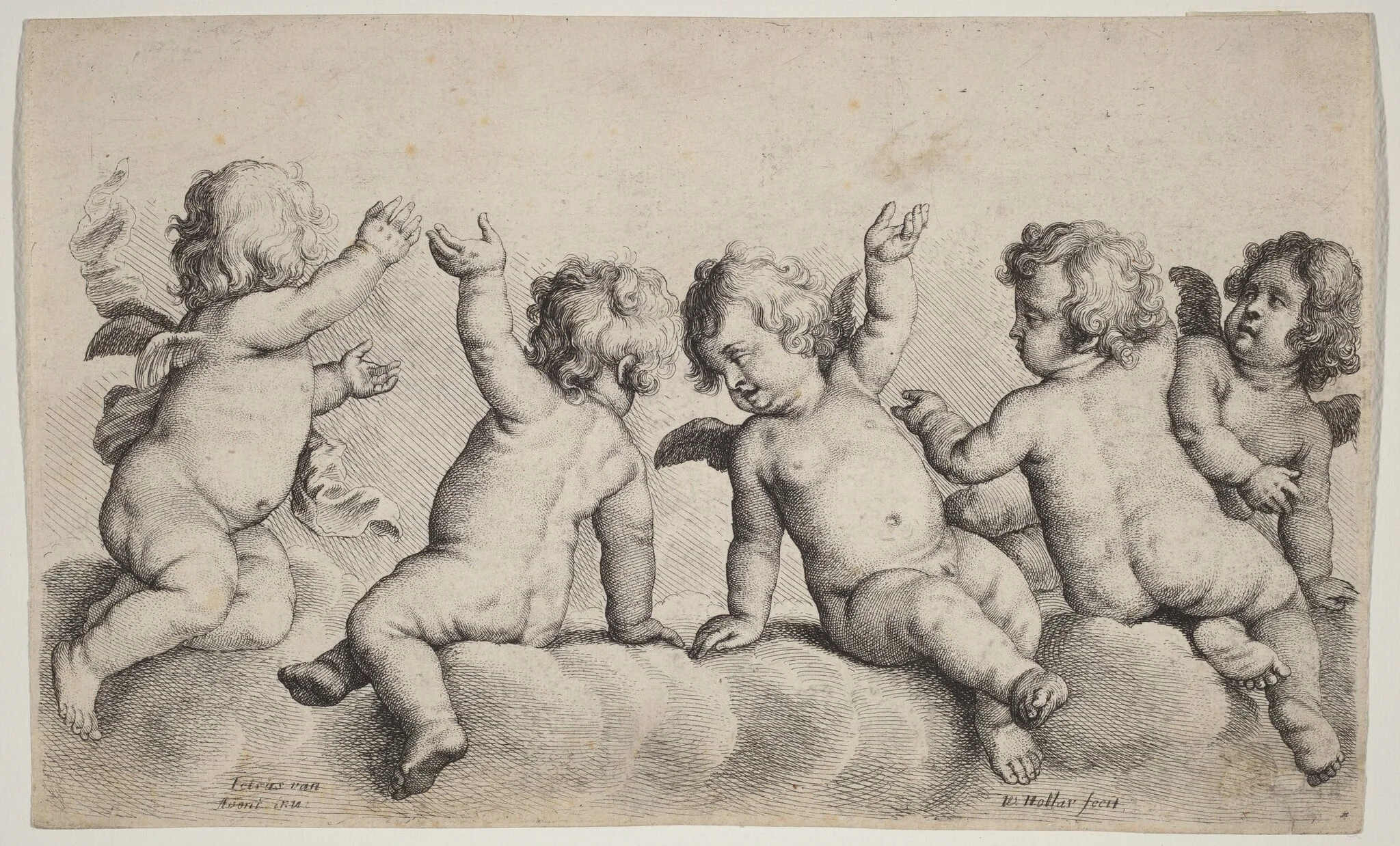 Three Cherubs and Two Boys on Clouds