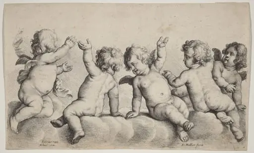 Three Cherubs and Two Boys on Clouds