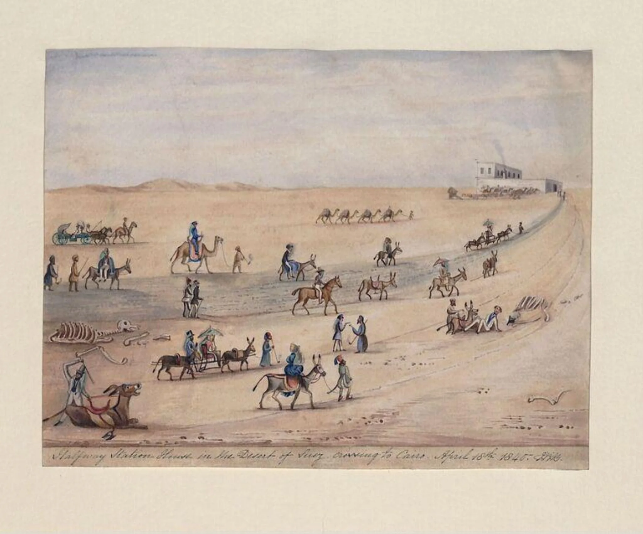 A halfway station house in the desert of Suez crossing to Cairo, by Unknown, watercolor, 1840