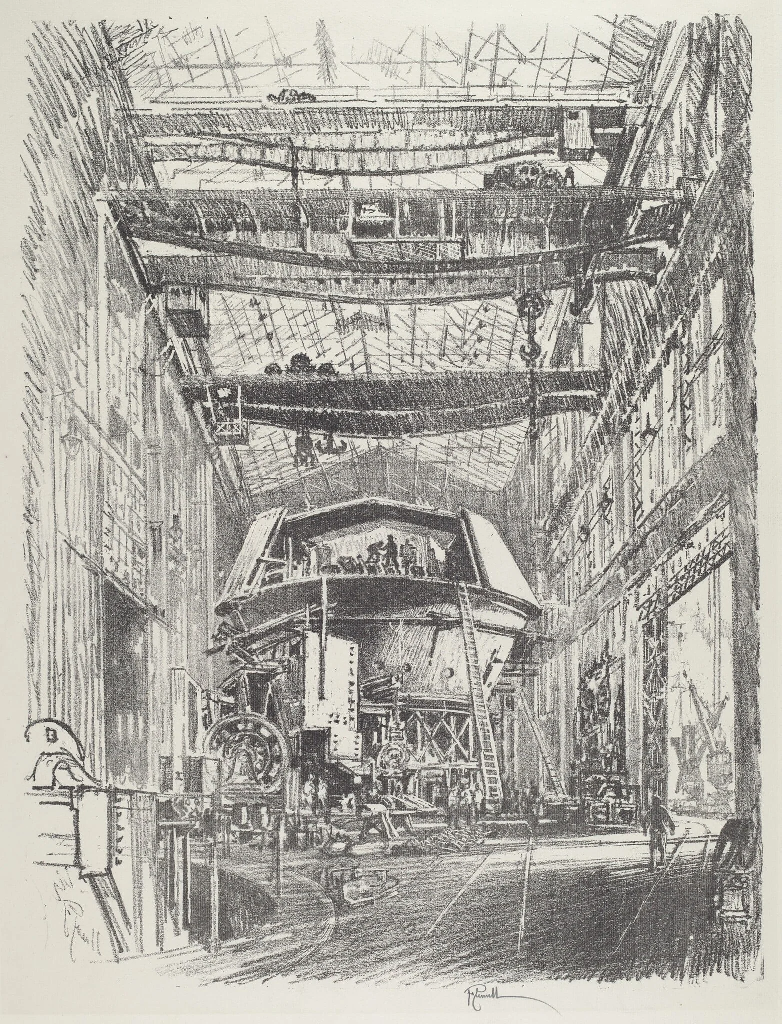 Building the Great Turret, by Joseph Pennell, ink, 1916
