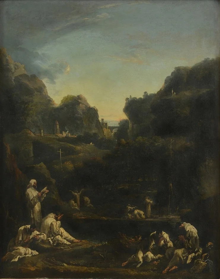 Mountainous Landscape with Groups of Monks, by Sebastiano Ricci, oil, 1706