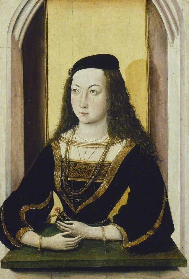Portrait of a young Woman holding a Flower, by Mair von Landshut, oil, 1495