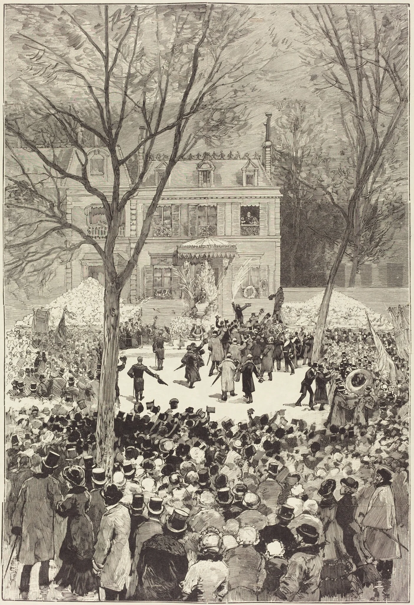 Manifestation populaire du 27 Février pour fêter le 80 année de Victor Hugo, by Auguste Lepère, ink, 1881