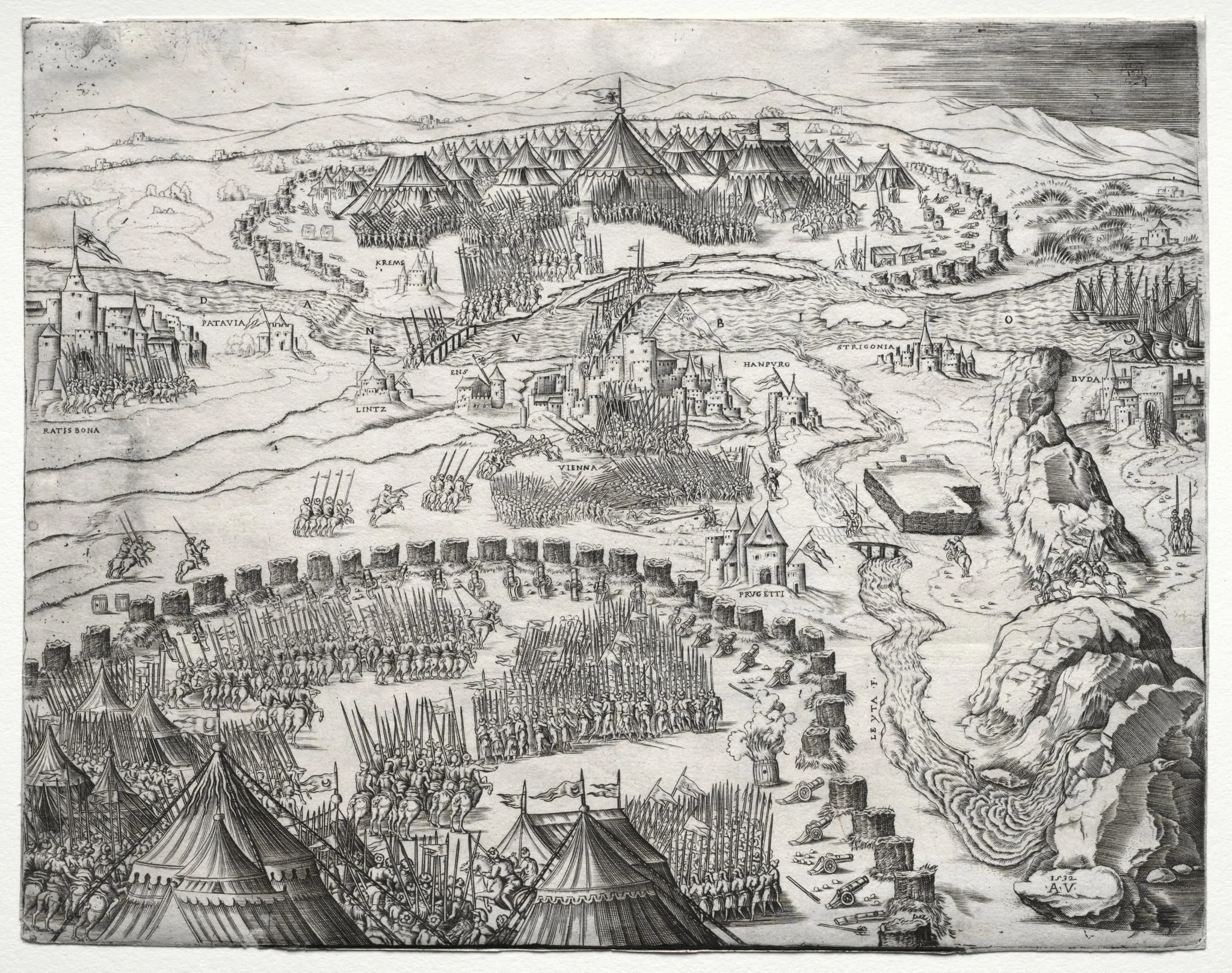 The Position and Camp of the Armies of Charles V and Soliman II, by Agostino dei Musi, 1532
