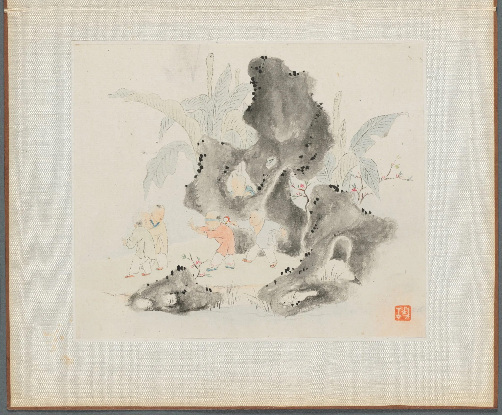 Album of Landscape Paintings Illustrating Old Poems: Children Playing Blindman's Buff in a Garden, by Hua Yan, unspecified, 1745