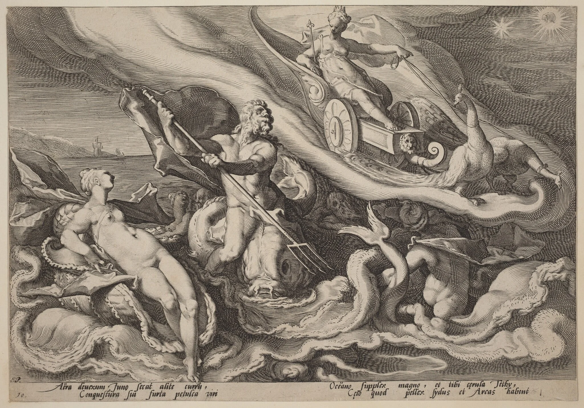 Juno Complaining to Oceanus and Tethys about Callisto, by Hendrik Goltzius, ink, 1589