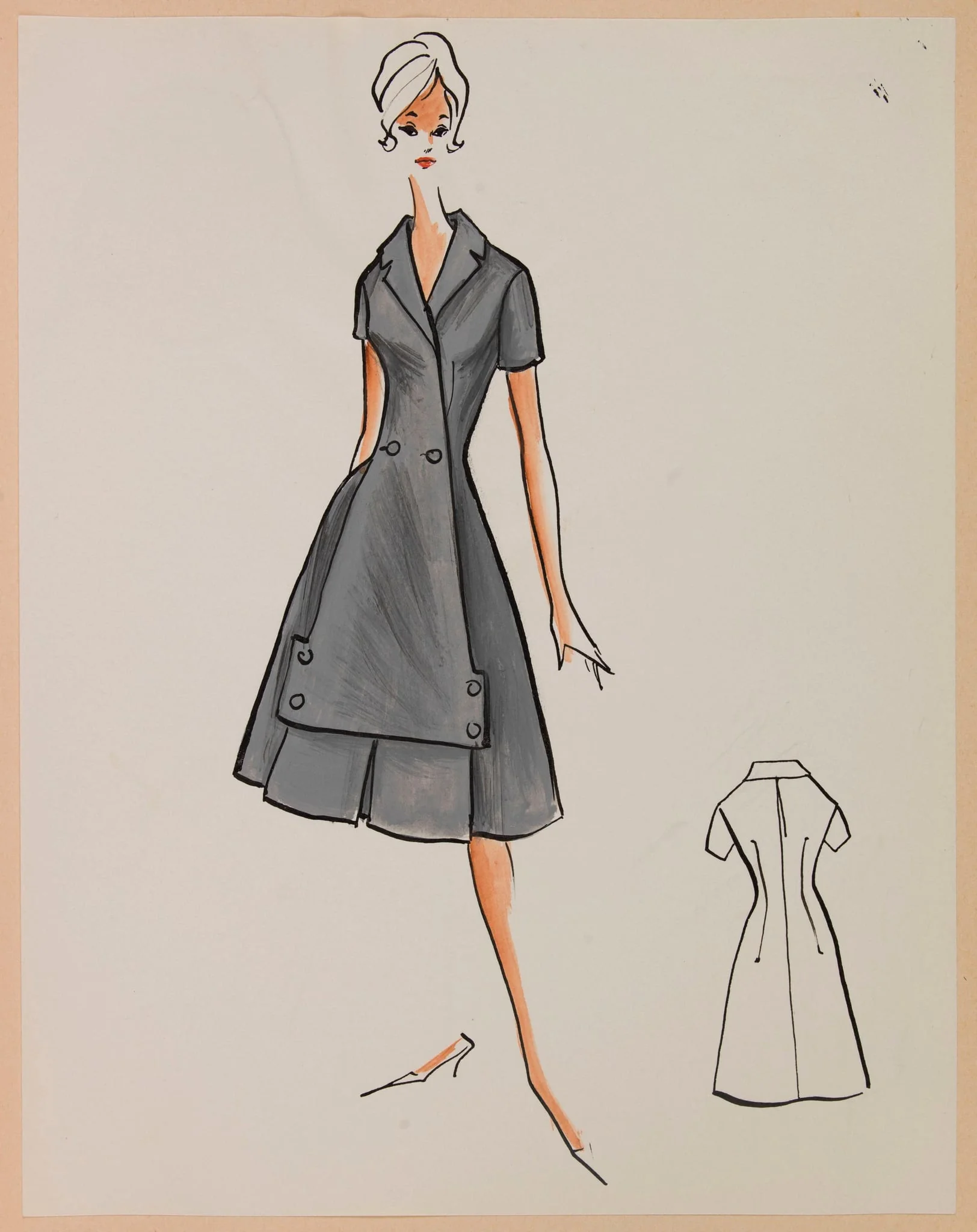 Robe grise cintré à grand pan boutonné sur le devant, by Marie-Louise Carven, 1959