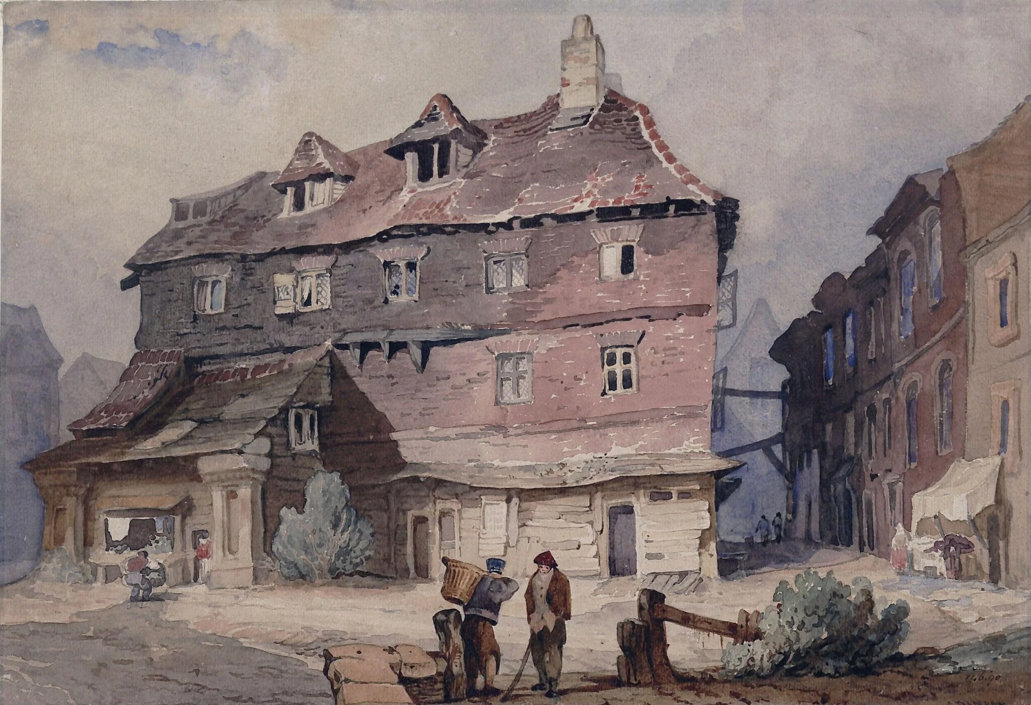 Street with old houses, by Danson, watercolor, 1820