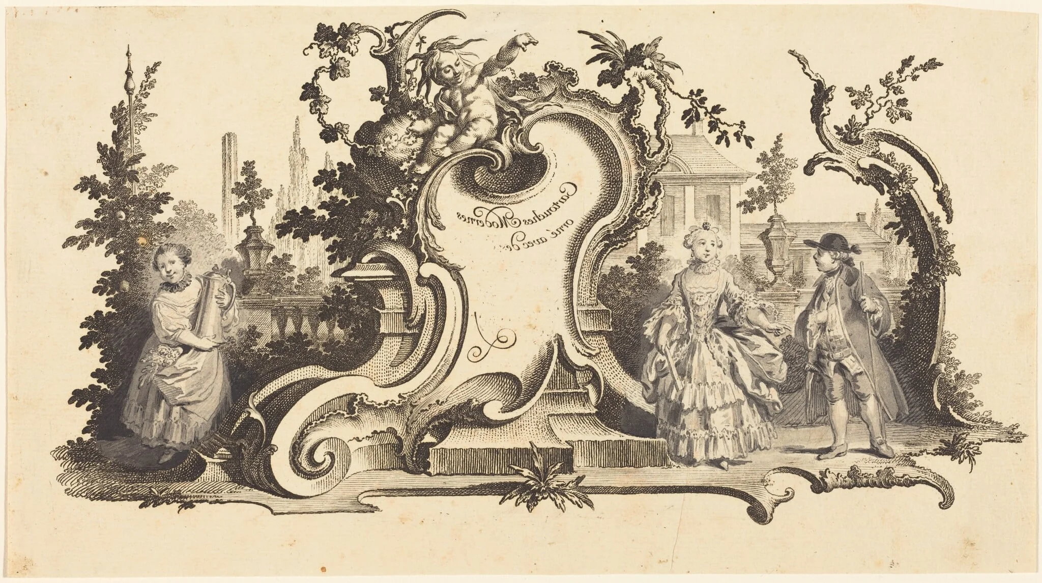 Cartouches Modernes orné avec des [diferentes Figures] (Plate VI-1 from the set), by Johann Esaias Nilson, chalk, 1754