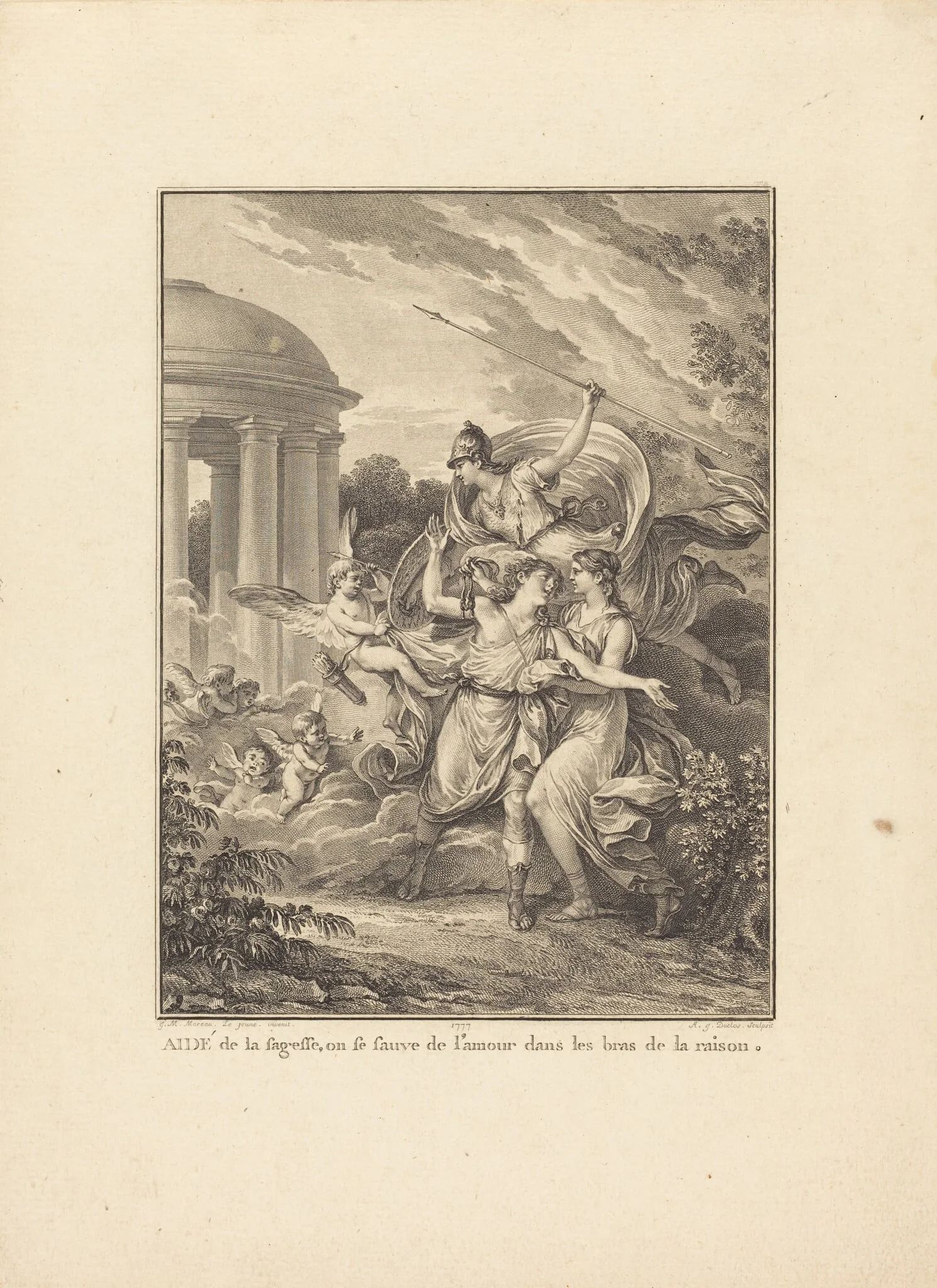 Frontispiece: Aidé de la sagesse, on se sauve de l'amour dans les bras de la raison, by Antoine-Jean Duclos, ink, 1777